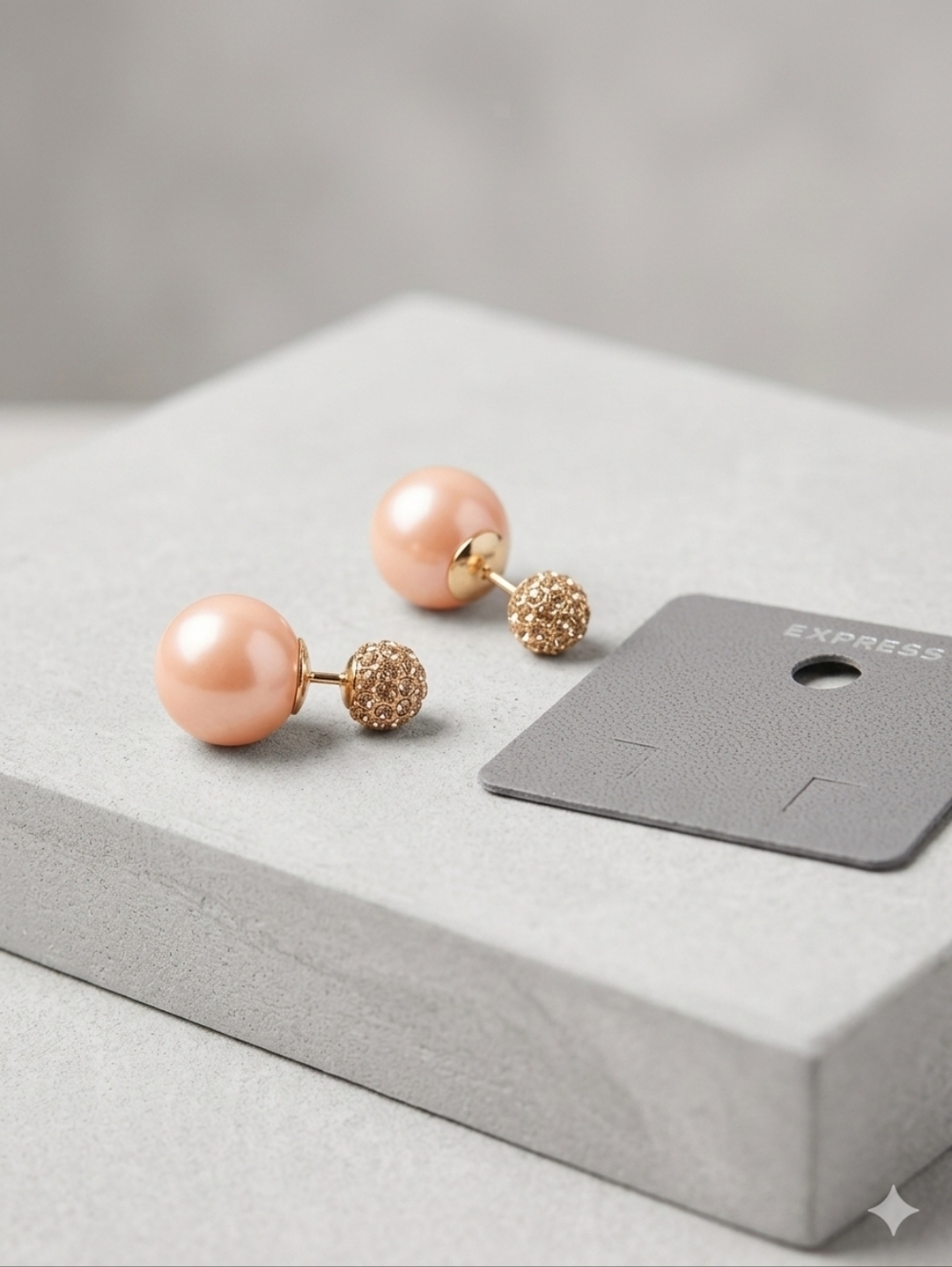 Express NWT Peach Pearl and Gold Crystal Double-Sided Stud Earrings